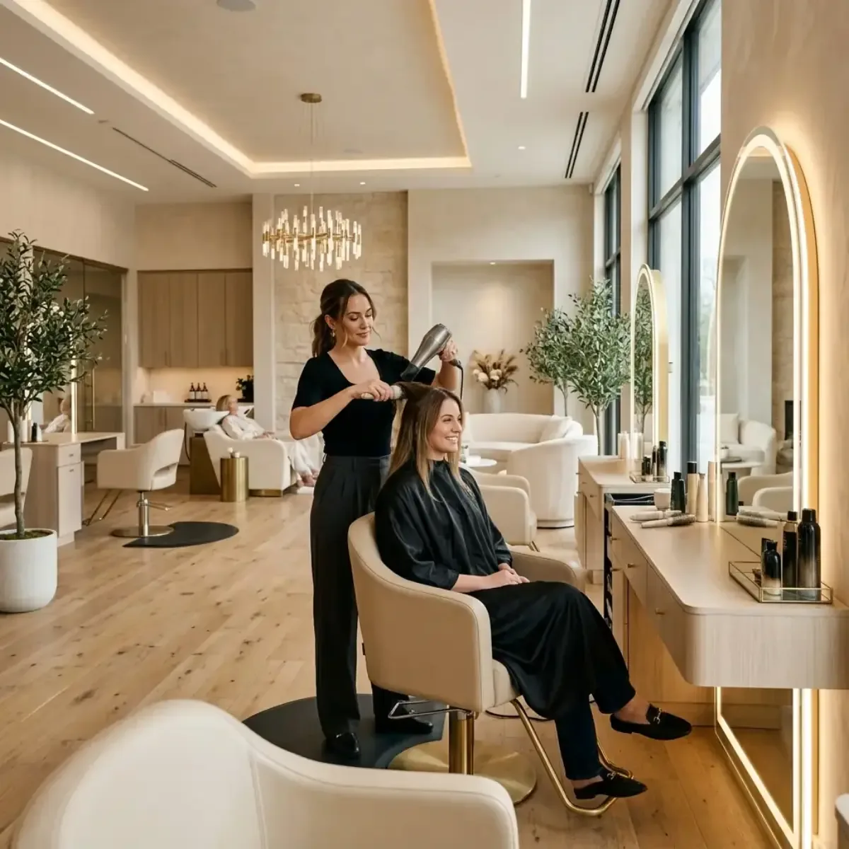 Stylist working with a client in a bright contemporary salon